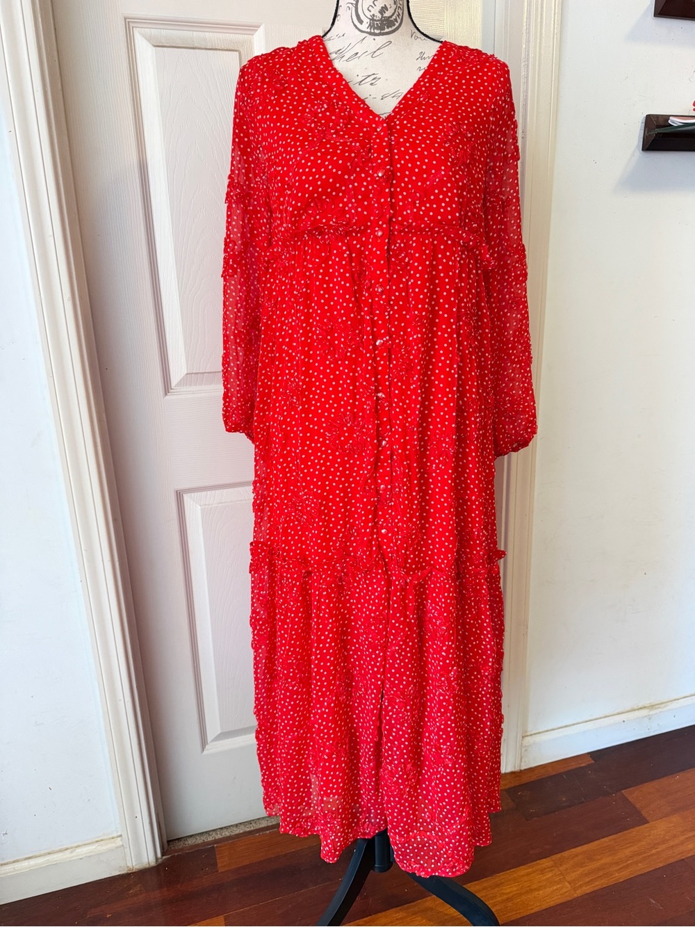 Anthropologie Red Polka Dot Tiered Button-Front Dress